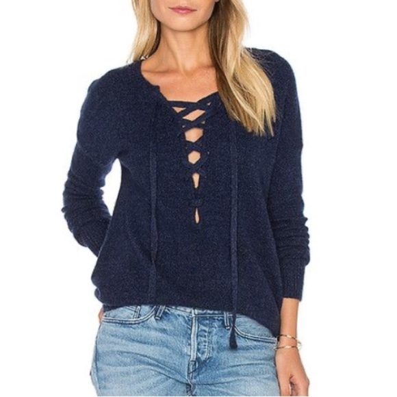 27 Miles Malibu Blue Cashmere lace up sweater. Size Medium - Picture 1 of 5